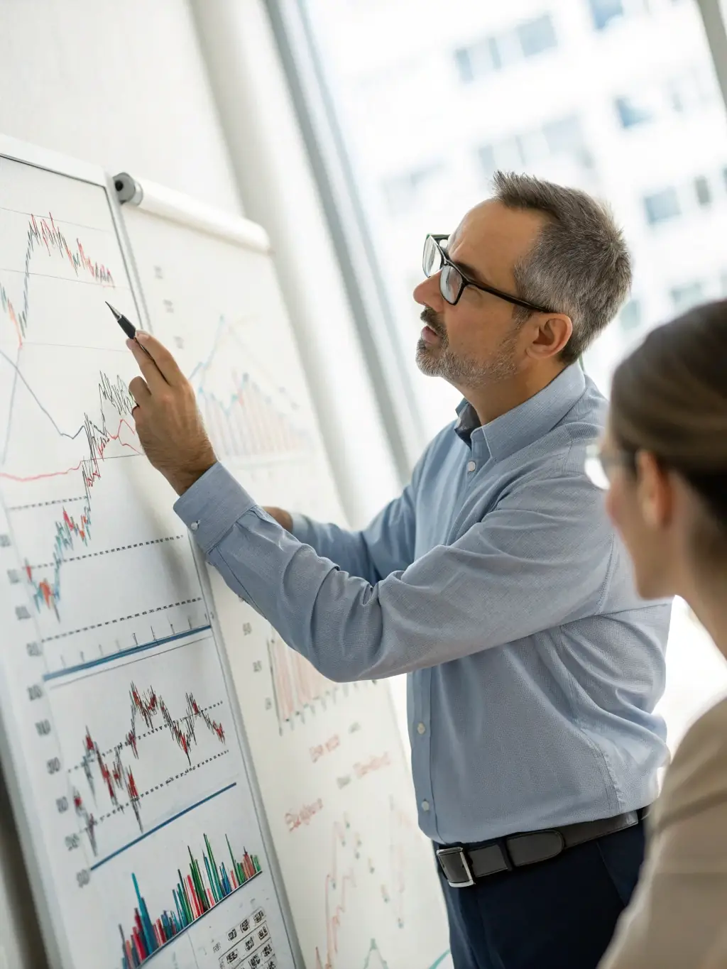 A coach explaining risk management techniques to a startup founder, using visual aids to illustrate potential financial risks and mitigation strategies.