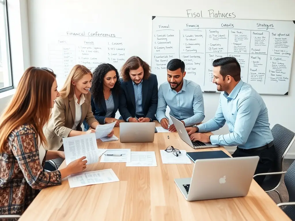 A modern office space with diverse team members collaborating on financial projections, emphasizing a collaborative and innovative approach to financial coaching.