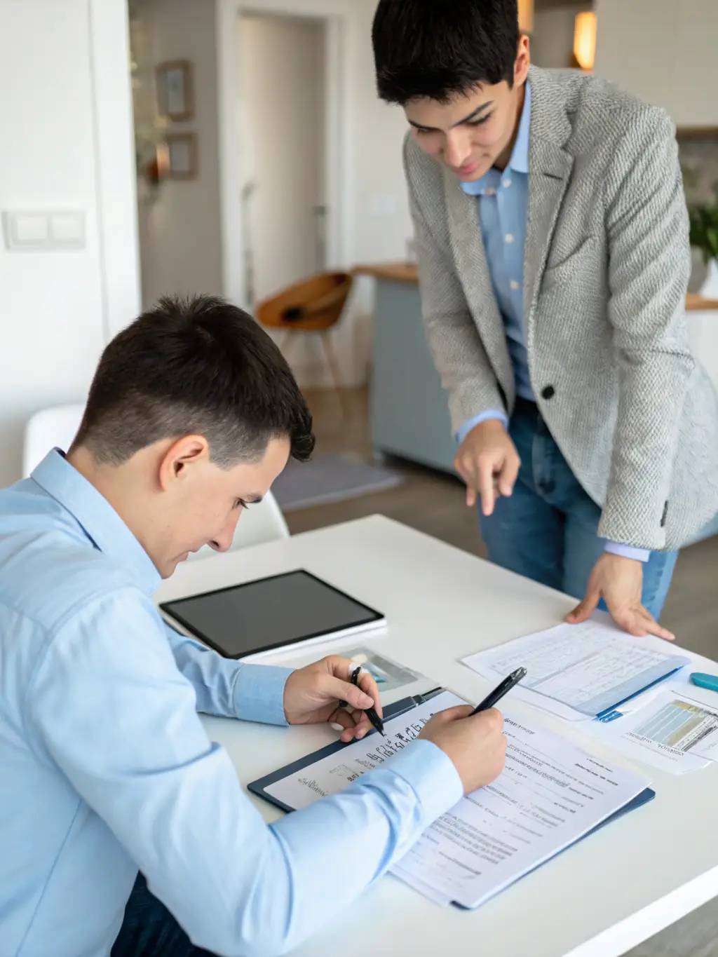 A professional coach guiding a startup founder through financial statements and projections in a modern office setting, emphasizing strategic planning.