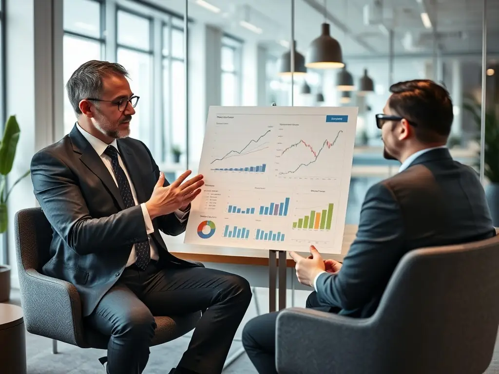 An image of a financial advisor discussing investment options with a startup founder, with charts and graphs in the background, representing investment strategy coaching.